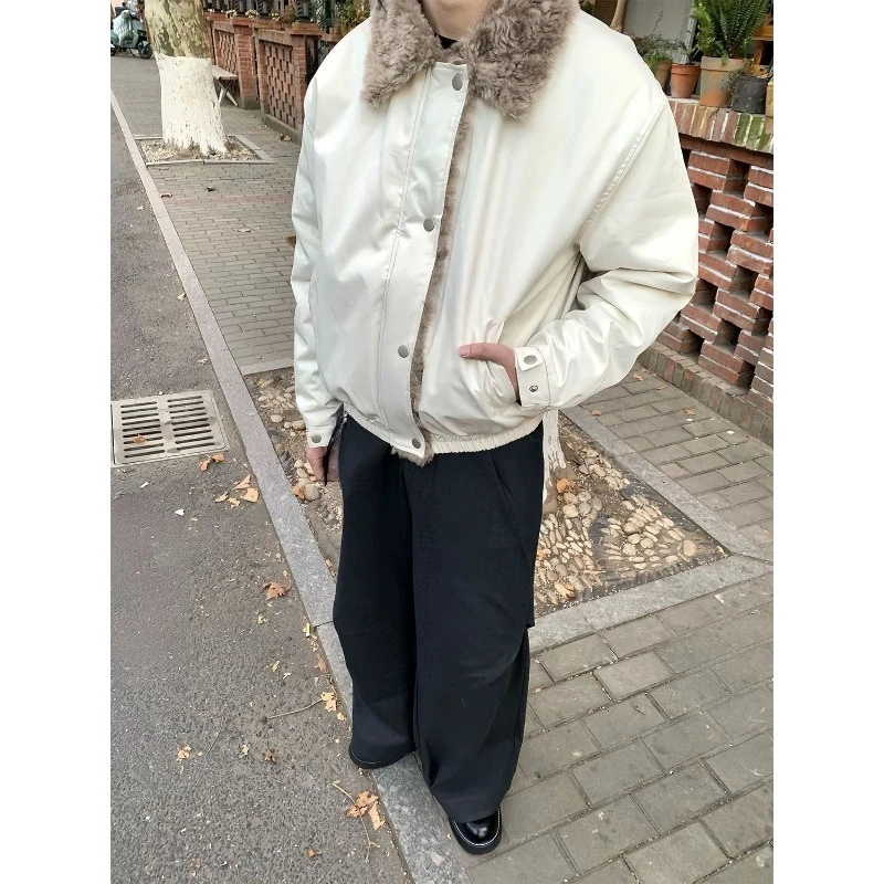 Męska kurtka Harajuku zimowa ciepła polarowa z futrzanym kołnierzem bawełniana kurtka w stylu amerykańskim gruba ocieplana odzież wierzchnia casualowa moda streetwear