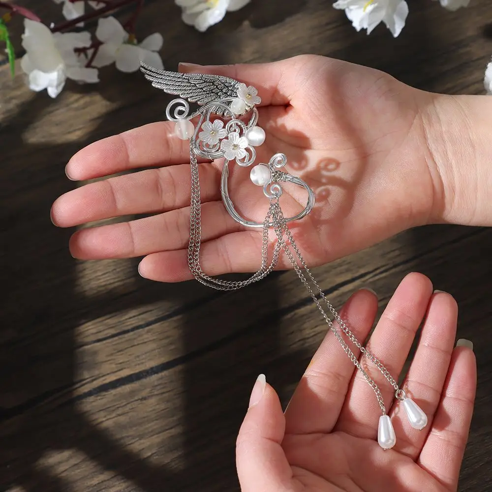 1 Paar Charm-Feen-Ohrenmanschetten mit langen Quasten, Elfenflügeln und Harzblumen, ohne Piercing, Elfen-Clip-Ohrringe für Damen, Cosplay, Cospla – Detail 6