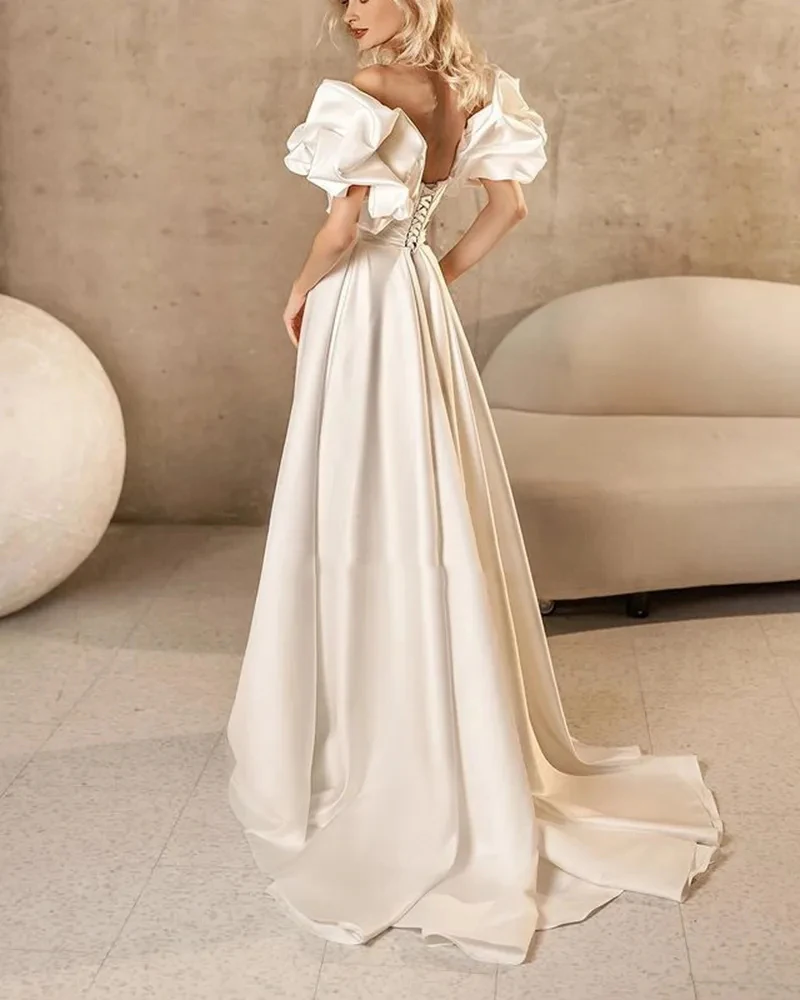 Luxury Wedding Dresses Elegant Sweetheart Off Shoulder Fluffy Sleeves With High Slit Sheer Back Princess Illusion Bridal Gowns