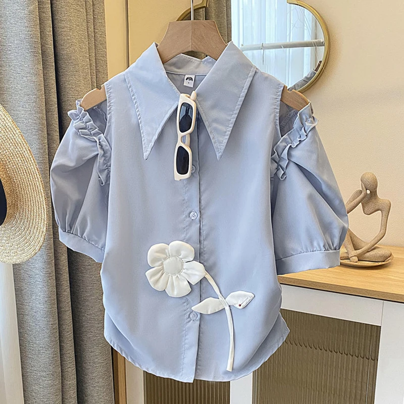 Sweet Summer Off Shoulder Shirt for Women Three-dimensional Flower Blue Short Sleeve Tops Ladies Elegant Lapel Loose Shirt 27077