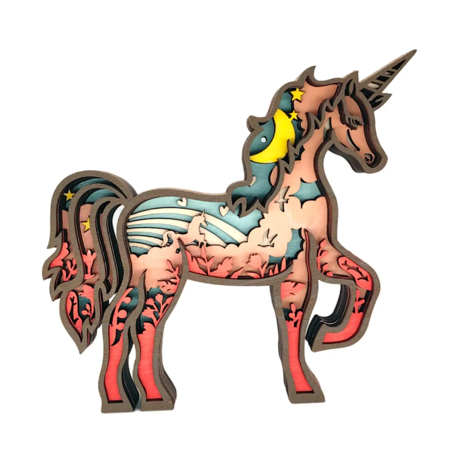 Wooden Unicorn Statue Remembrance Gift Figurine Creative Multilayer Wooden Carved for Desktop Shelf Festive Living Room Bookcase