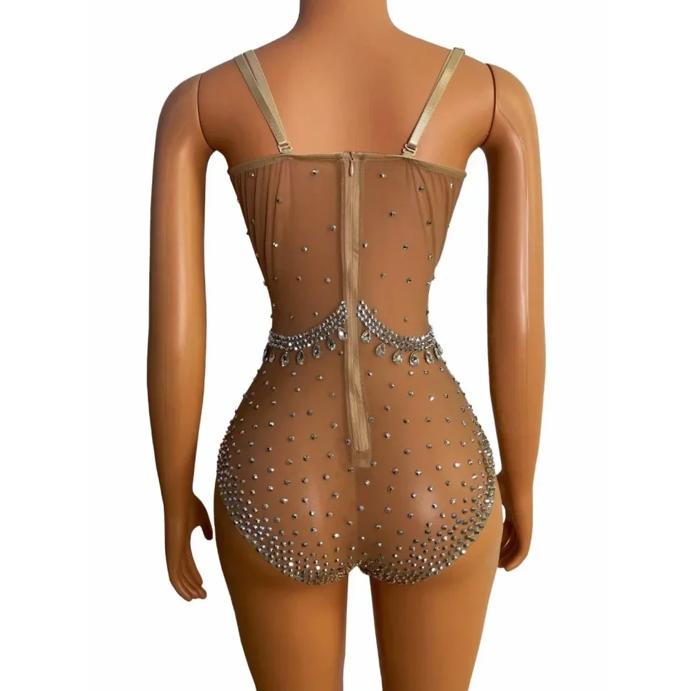 Spaghetti Strap Shining Crystal Rhinestones Sexy Nude Bodysuits For Women Nightclub DJ Clothing Prom Pole Dance Stage Costumes