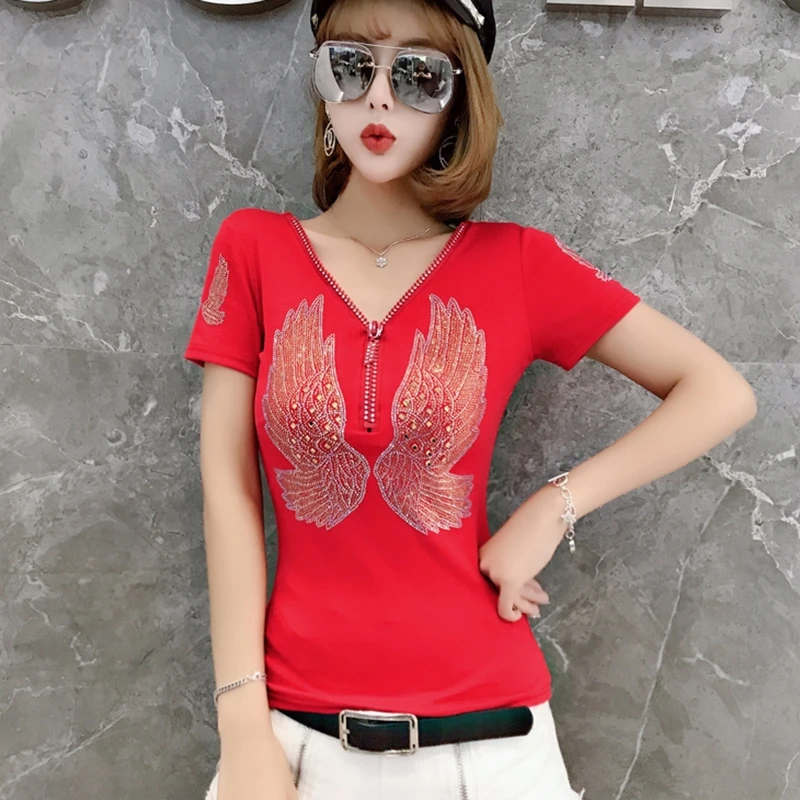 Fashion Women\'s T-shirt For Summer Short Sleeve Pulovers Clothes Casual Aesthetic Cotton Tops Sexy V Neck Zipper Diamonds Tees