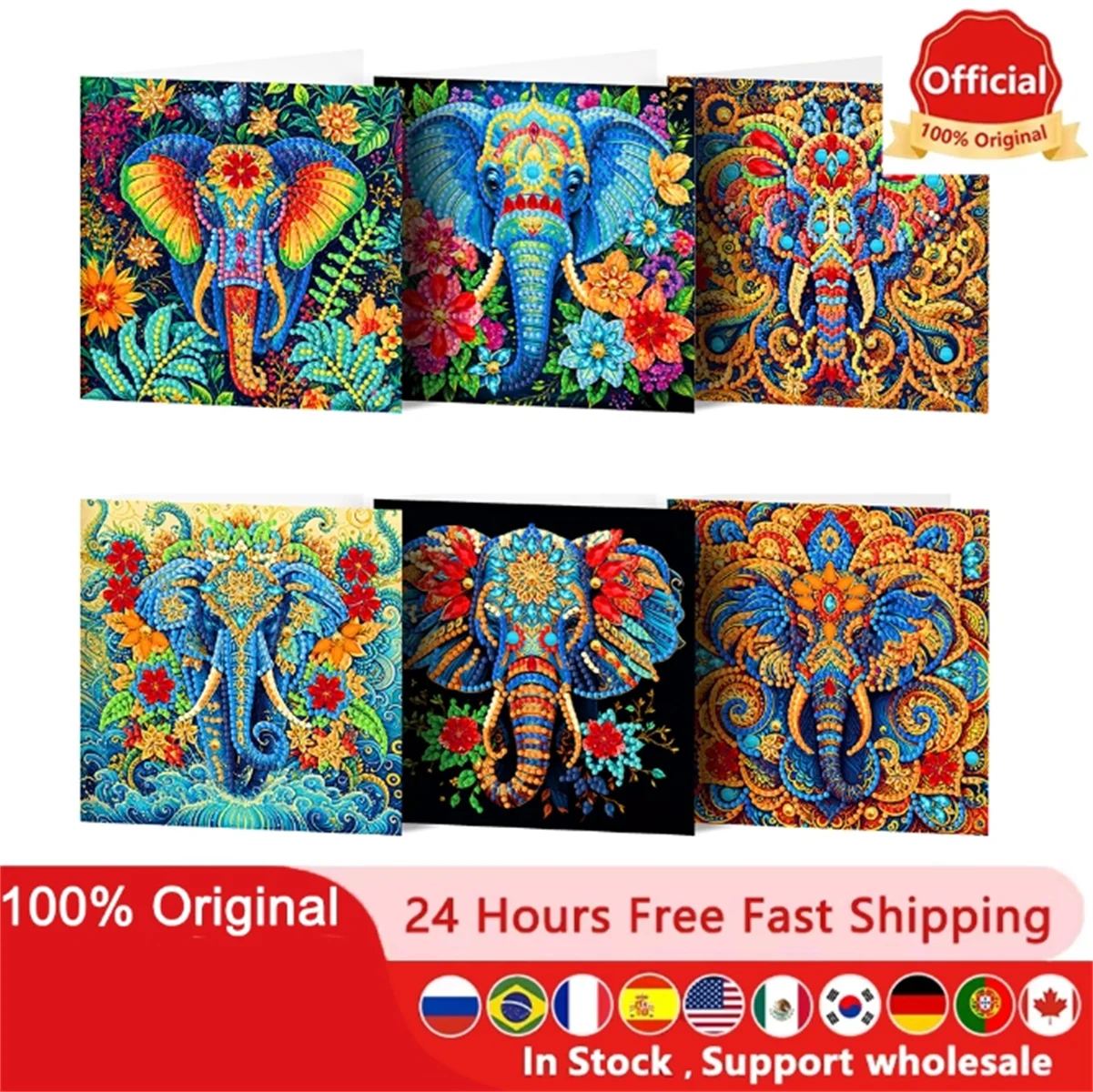 6-ps Diamond Painted Elephant Greeting Card, Christmas Gift Diy Art Kit, Home Party Invitation Card, Postcard, Birthday Wishes