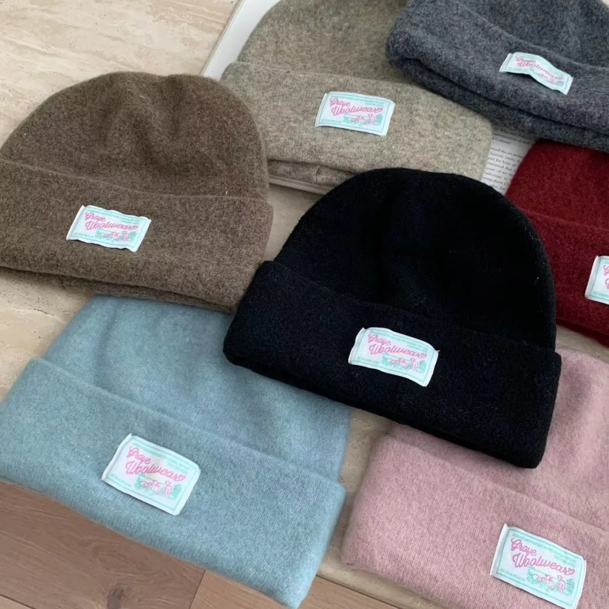 Fashion Label Autumn Winter Hat For Women Wool Cashmere Soft Thick Warm Beanies Skulies Cap Solid Best Matched Bonnets Gift