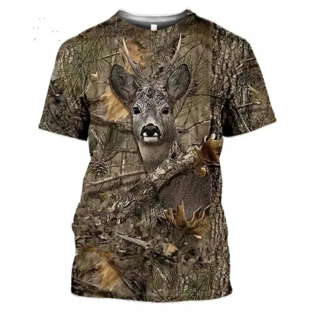 Men\'s and women\'s camouflage hunting animal 3D T-shirt, deer, wild boar, wolf print short sleev