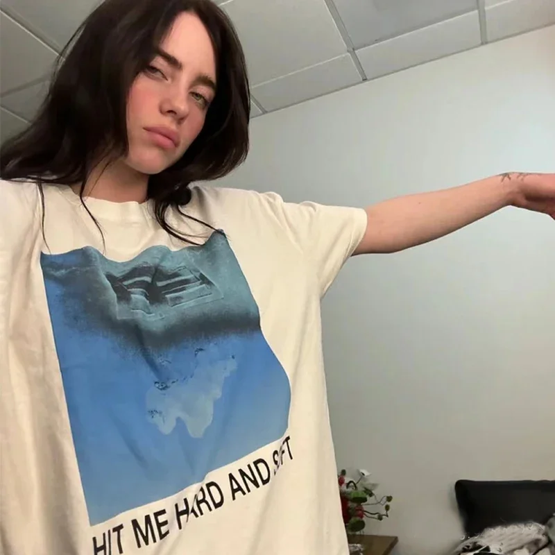 

2025 Billie Hit Me Жесткая и мягкая футболка с принтом, мужская и женская летняя футболка в стиле Харадзюку с круглым вырезом, хлопковый повседневный летний топ европейского размера