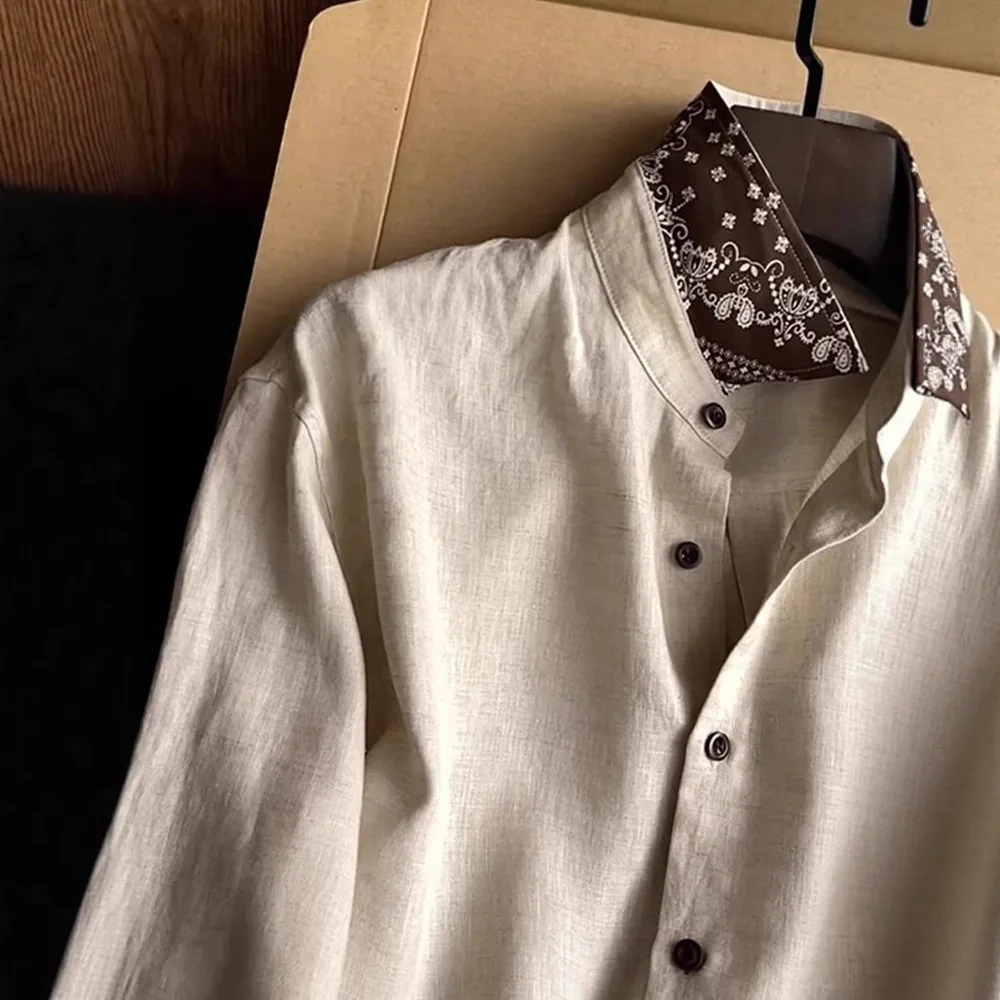 2026 Patterned Linen Shirt Men's Long Sleeved Summer Lightweight Breathable Cool Feeling Sunscreen Shirt Cotton Linen Jacket Loo