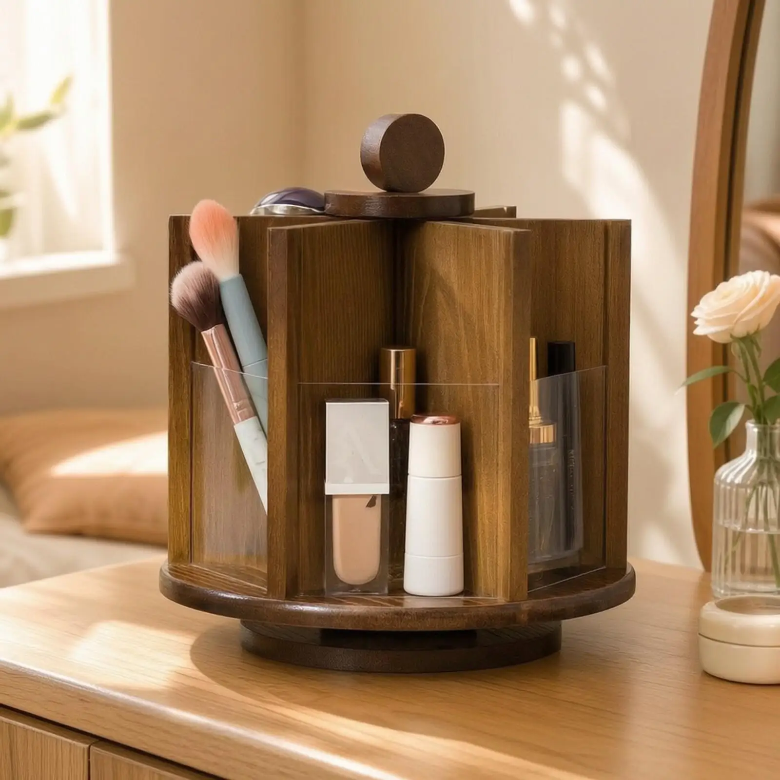 Round Bamboo Spinning Organizer Rack for Countertop Multi Compartment Storage Holder for Cosmetics and Small Items