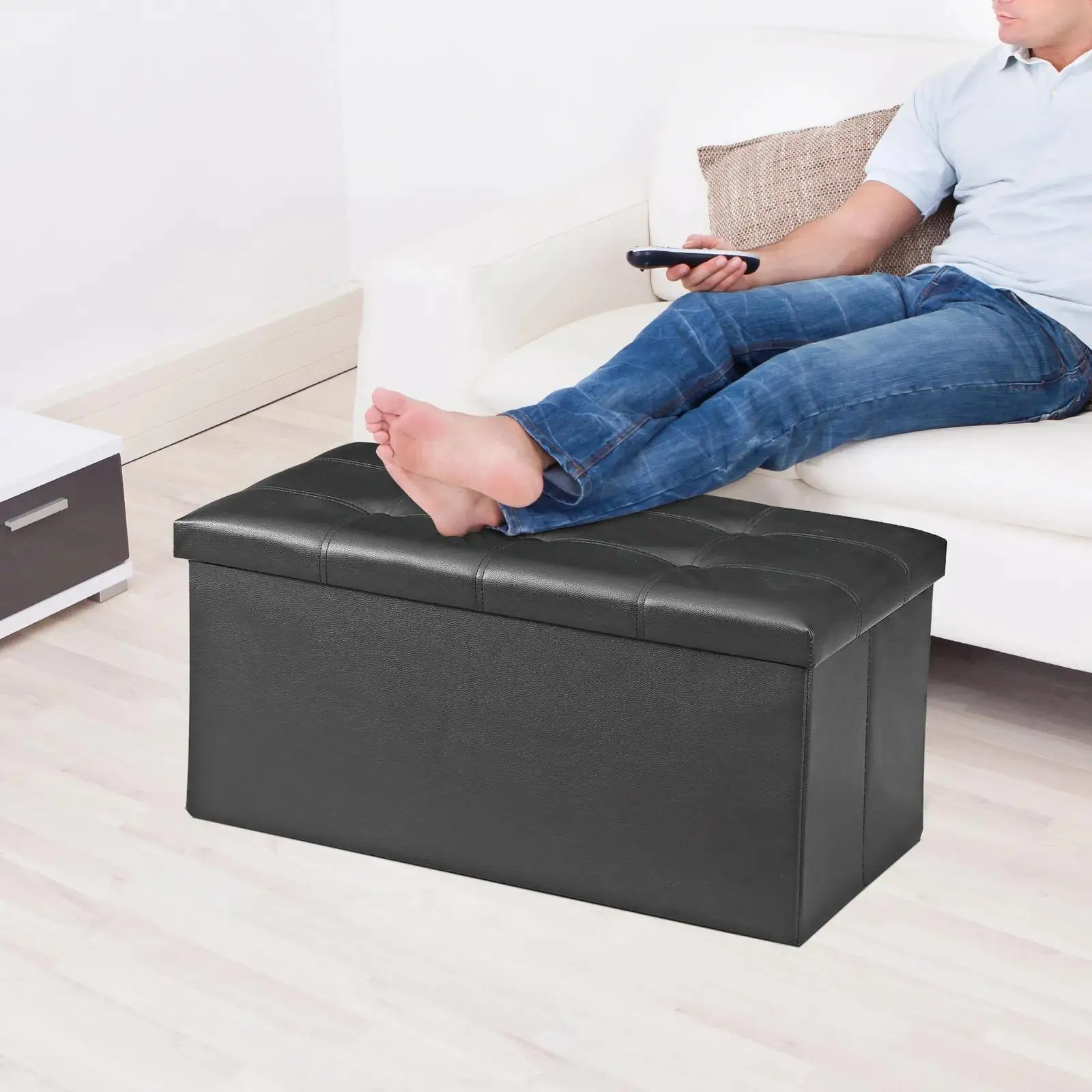 30 Inches Folding Storage Ottoman Bench, Storage Chest, Footrest, Coffee Table, Padded Seat, Faux Leather, Holds up to 350 lb