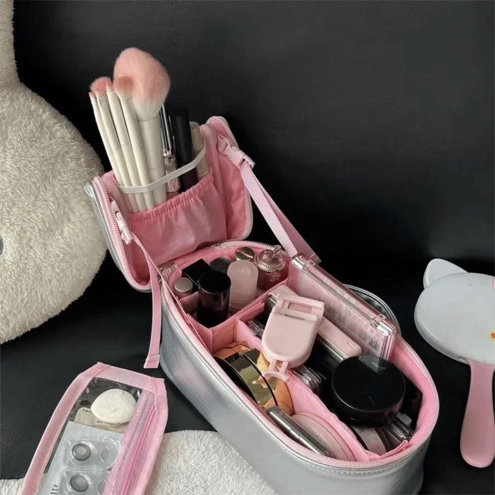 PU Leather Silver Makeup Bag Multi-functional Detachable Cosmetic Storage Pouch with Handle Large Capacity