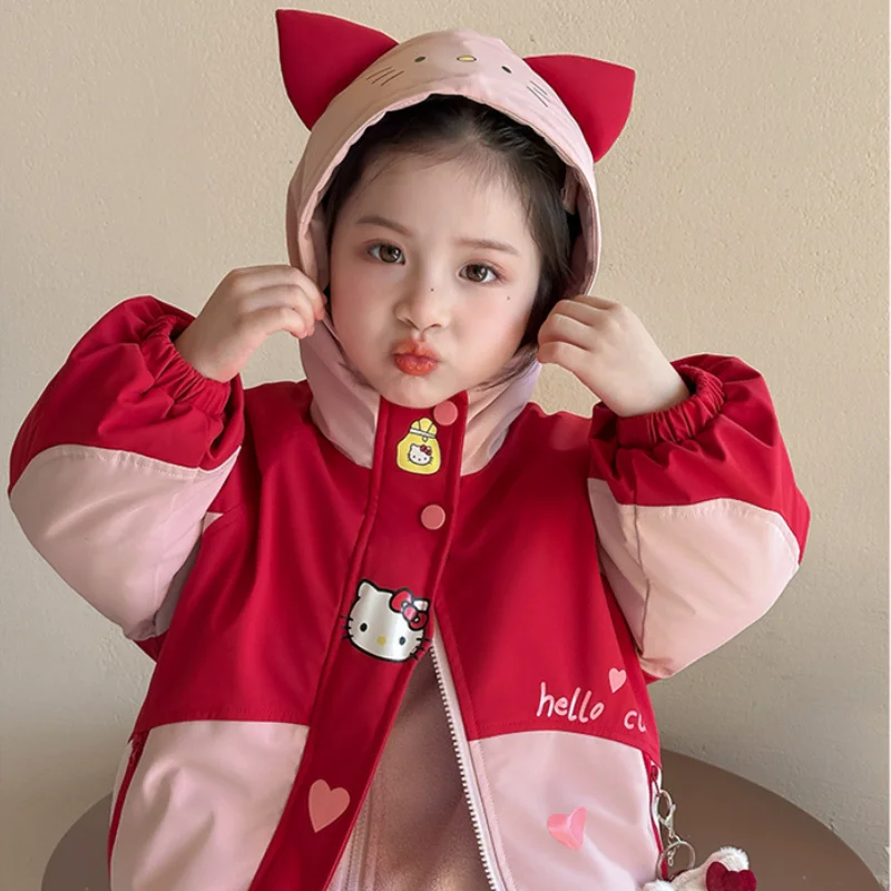 

Куртка «Hello Kitty» для девочек «три в одном», осень-зима, новинка 2025, детская толстая теплая куртка с героями мультфильмов аниме, модные милые топы
