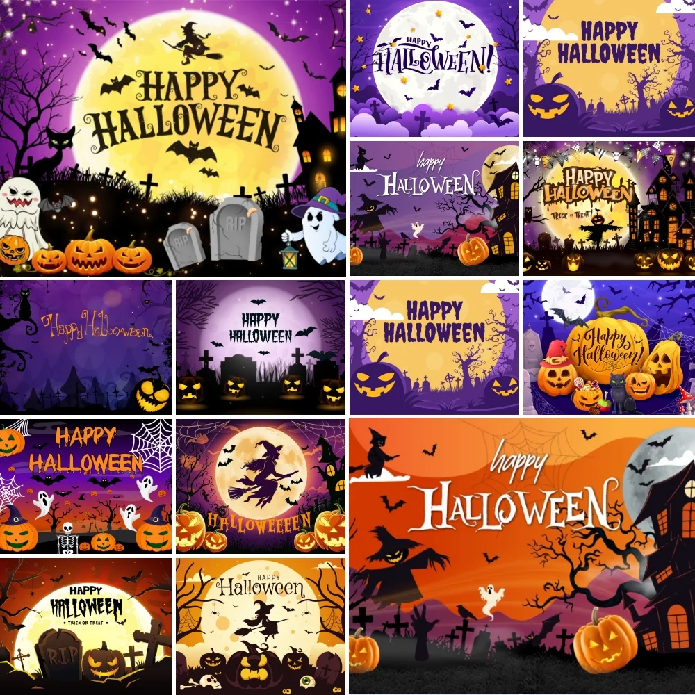 Halloween Photography Backdground SpiderWeb Pumpkin Broom Witch Full Moon Kids Happy Halloween Party Decoration Backdrops Props