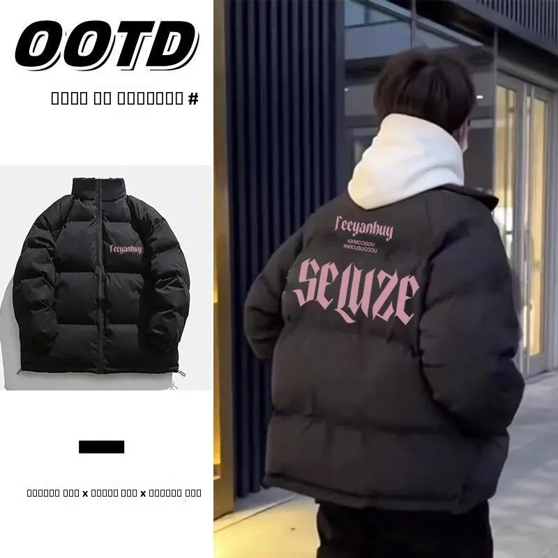 

Thiened American Retro Stand Collar Cotton Jaet Winter Clothes Men Women Letter Bread Sle Couple Cotton Clothes Warmth