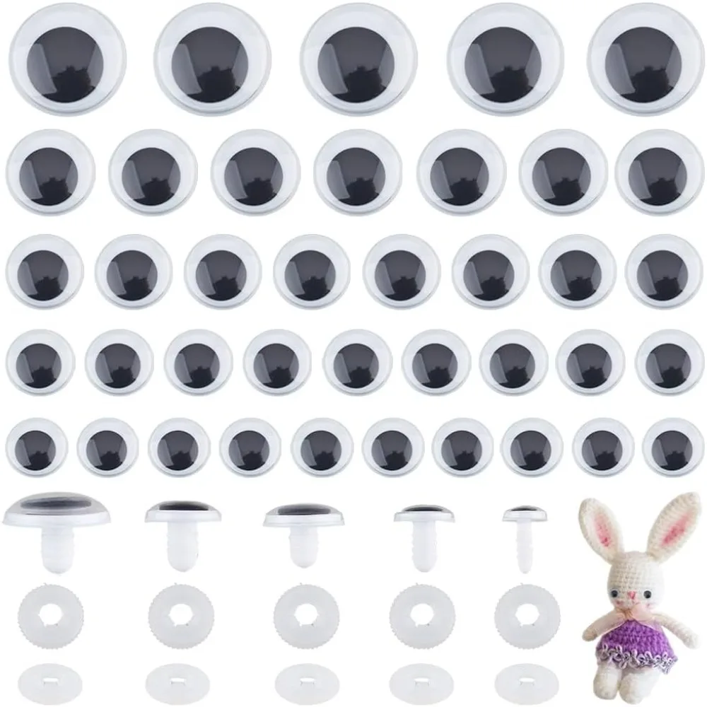 60Pcs 5 Sizes Black Wiggle Googly Eye Plastic Threaded Shank Googly Eyes Flat Round Safety Eyes with washers for Teddy Bear