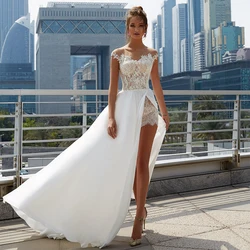 Vestidos De novia sexys, vestidos De fiesta De encaje con manga casquillo y cuello transparente, apliques De gasa con abertura dividida en la playa, 2023