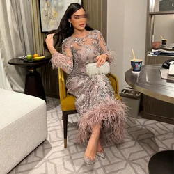 CustomizedRound Neck Long Sleeve Feathers Illusion Lace Straight Prom Gown Ankle-Length Evening Dresses for Women فساتين السهرة