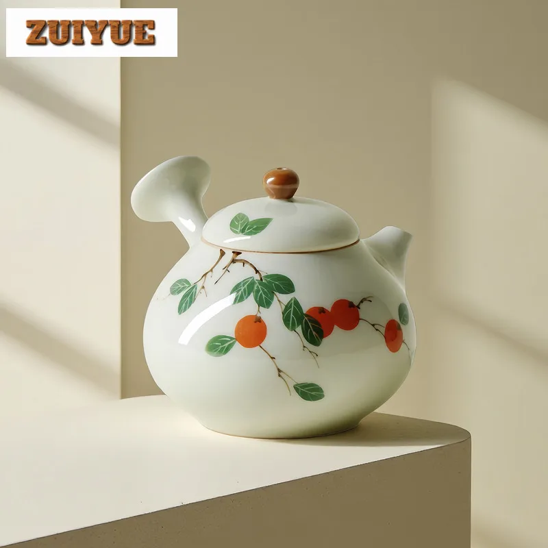 Tetera con mango lateral de caqui pintada a mano, tetera elegante con Infusor de té, tetera con agujero para bola, juego de té chino artesanal, 140ml