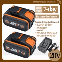 Original WORX 20V 8.0Ah Lithium Battery WA3553 WA3551 WA3553.1 WA3570 - Rechargeable for All WORX Tools