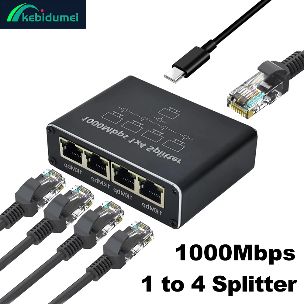 Kebidumei Gigabit Ethernet Splitter 1 to 2/3/4, 1000Mbps RJ45 LAN Internet Splitter for Hub/Switch/Router/Set-Top Box/Digital TV
