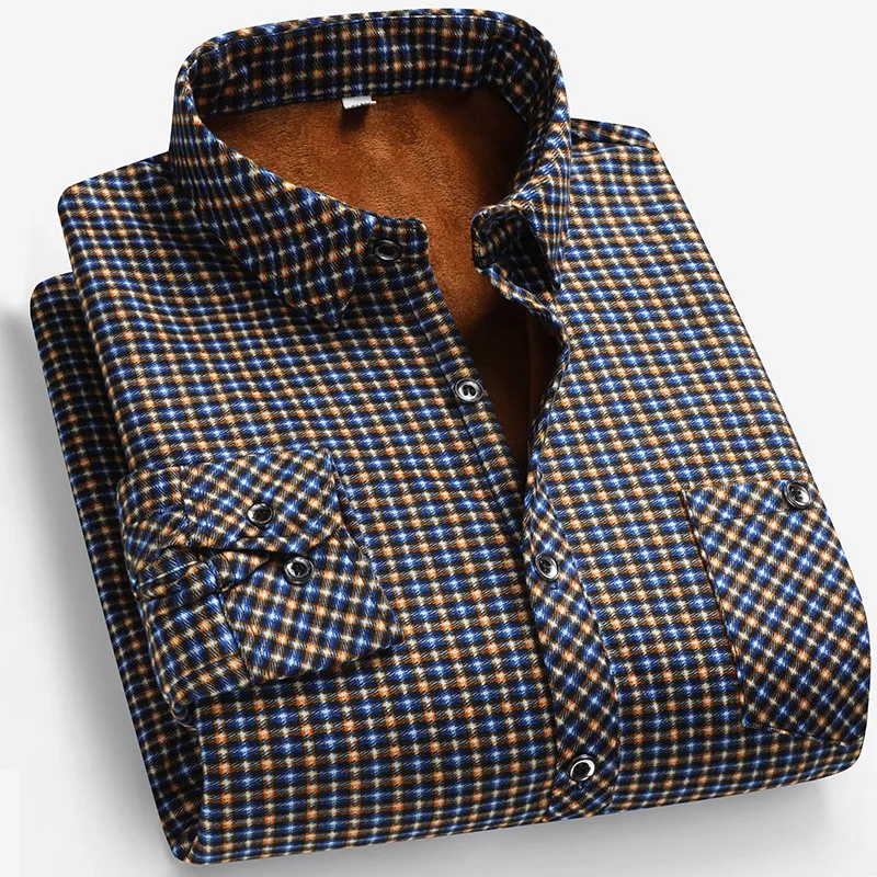 Winter Men's Fleece-Lined Thickened Warm Square-Neck Shirt Long-Sleeve, Middle-Aged Dad Business Casual Plaid Shirt