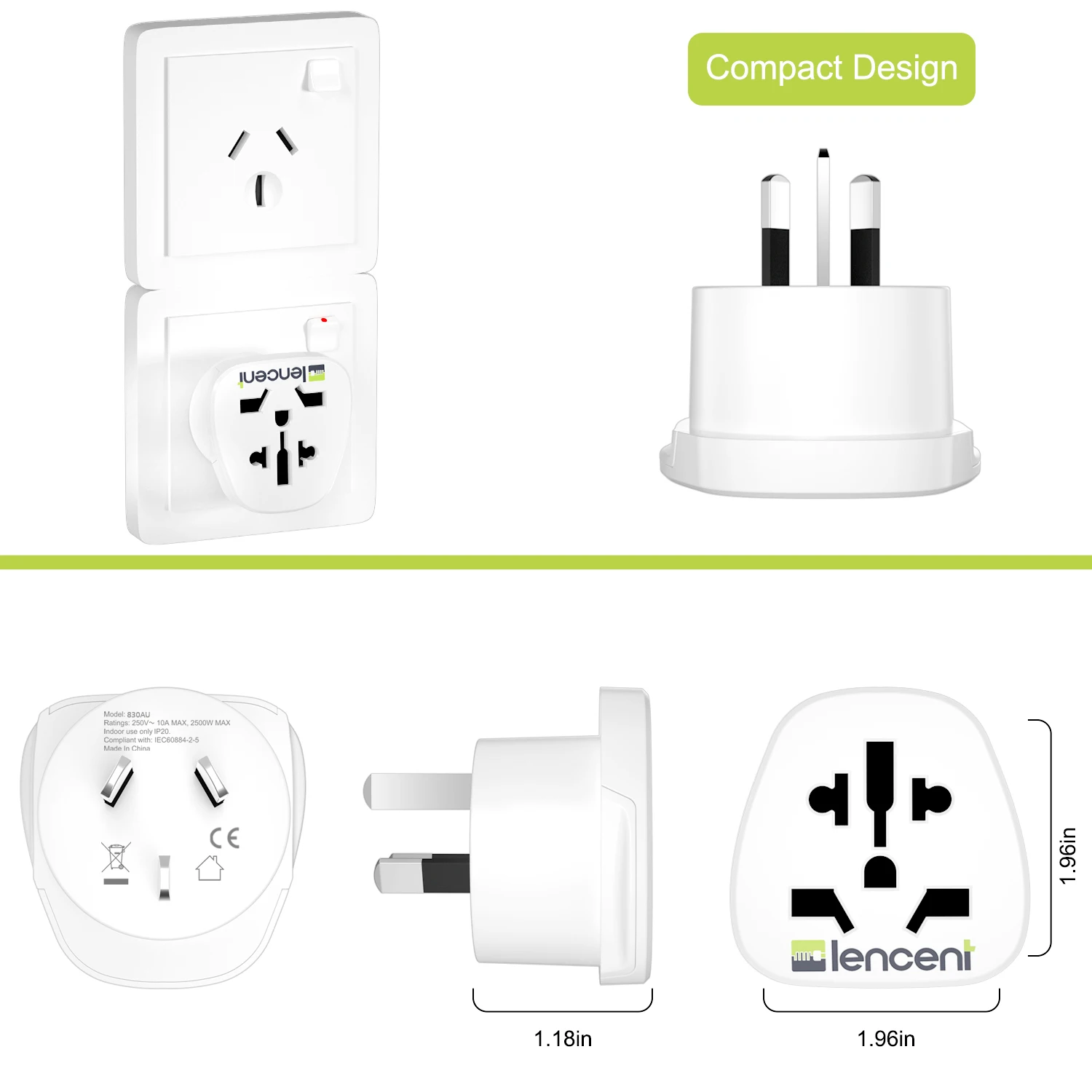 LENCENT 2 PCS World to AU Travel Adapter Overload Protection Convert World Plug to AU Grounded Plug Wall Socket for Travel/Home