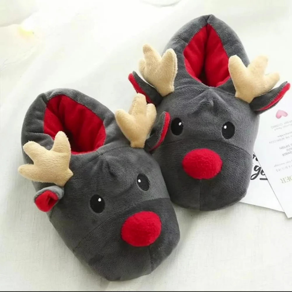 Fun Cute 3D Christmas Reindeer Plush Slippers Adult Warm Full Wrap Home Slipper Winter Xmas Holiday Gift Decorative Accessories