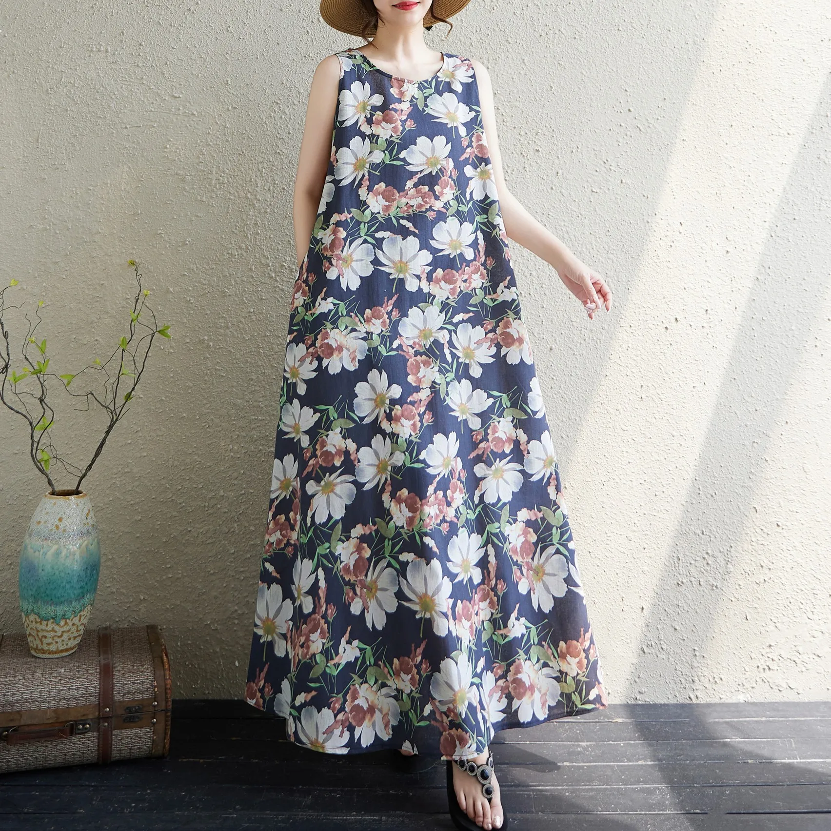 

Богемное длинное платье больших размеров, летнее, новое, без рукавов, с круглым вырезом, с принтом, для прогулок по городу, хлопковое, А-силуэт, повседневное платье