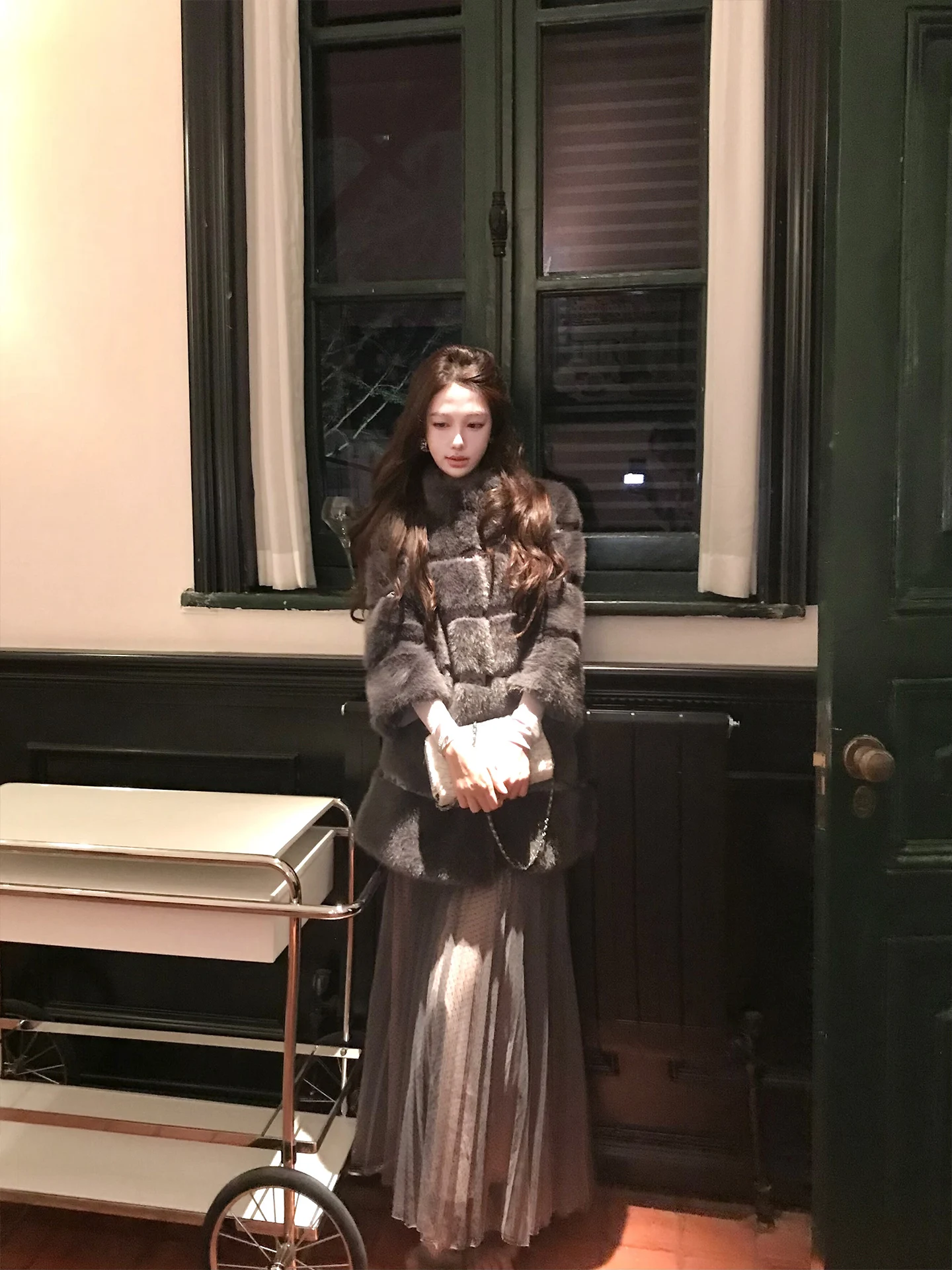 

Amor Beautiful Li HuiZhen V-Home ey Purple Lace Splicing Eco-friendly Fur Ladylike Thiened Coat for Young Women