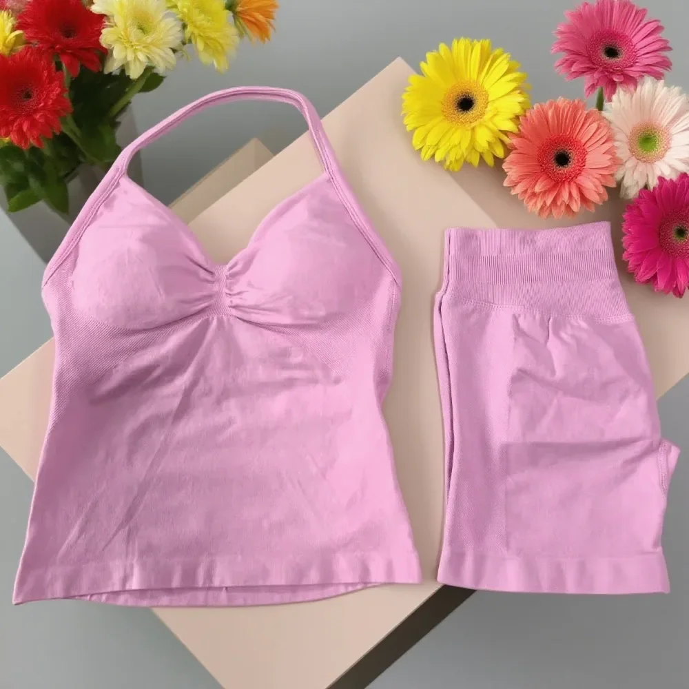 

2-х комплектов упражнений для йоги, женские жилеты с открытой спиной, фигурные бесшовные шорты с высокой талией, комплекты для фитнеса, спортивная одежда, комплекты упражнений