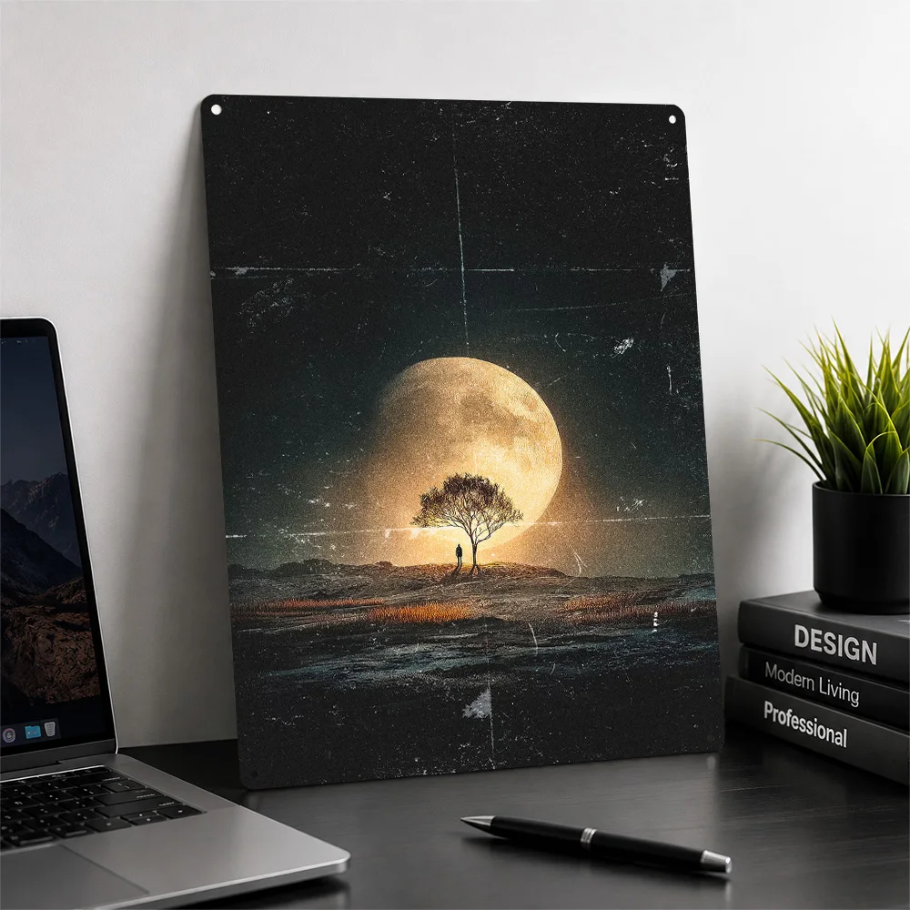 Lone Figure Under a Giant Moon Personalized 3D Textured Metal Poster Wall Art Vintage Tin Signs for Decor Living Room Wand Deko