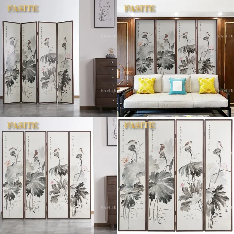 For New Chinese Style Black Walnut Solid Wood Zen Screen Lacquer Painting Folding Partition Room Divider Entrance Decor