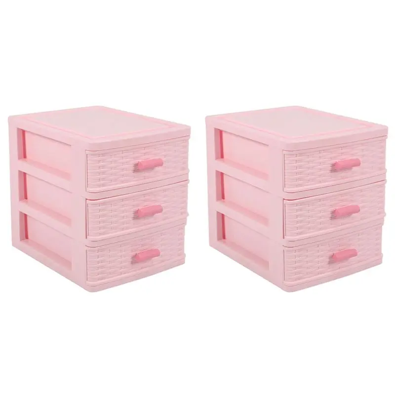 Hot Trend-2X Plastic Drawer Designed 3 Compartment Jewelry Storage Box Pink