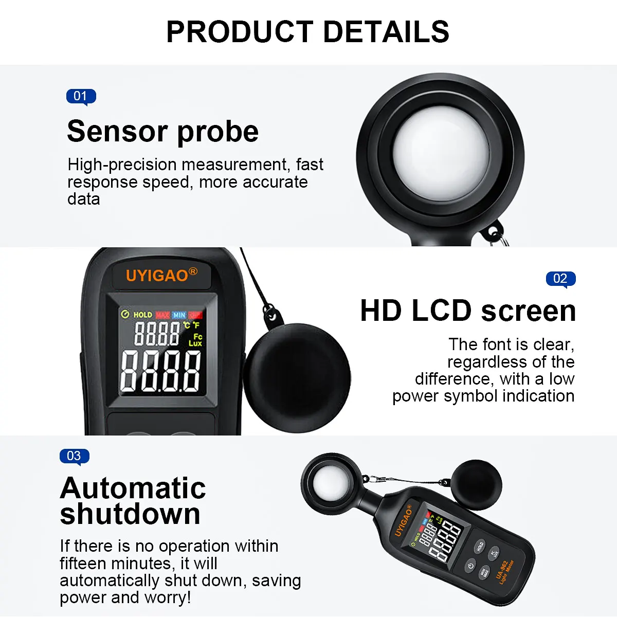 UYIGAO 40 Digital Light Meter 0~200K Lux Photometer Luxmeter Professional illuminometer Photo Detector Color LCD Display