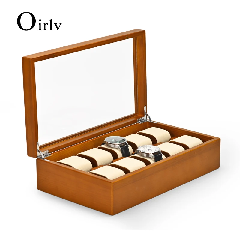 Oirlv New 10 Grids Wood Watches Box Organizer bottom Wooden Watch Display Fashion beige Storage Watch Holder Watch Cases For Men