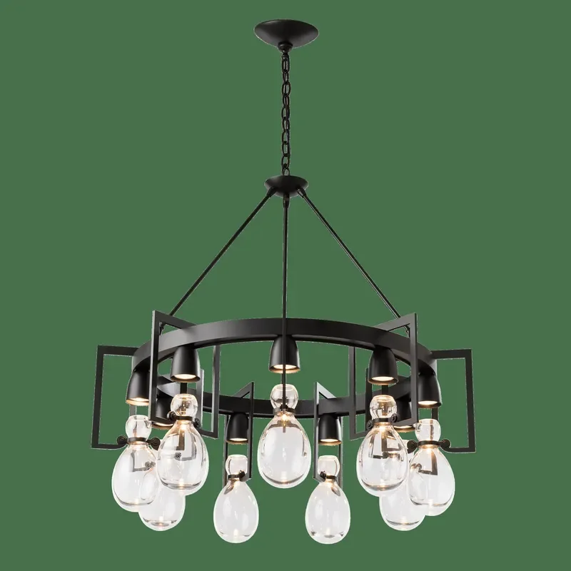 Black Metal 9 Light Round Chandelier Hand Blown Glass Pendant Lamp for Living Room Dining Table Kitchen Island Modern Ceiling