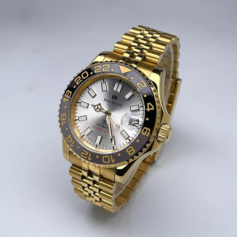 Macarlon 40MM NH35 Full Gold YM Two-Way Rotating Bezel Ceramic Bezel Jubile Strap Sapphire Glass Men's Mechanical Wristwatch
