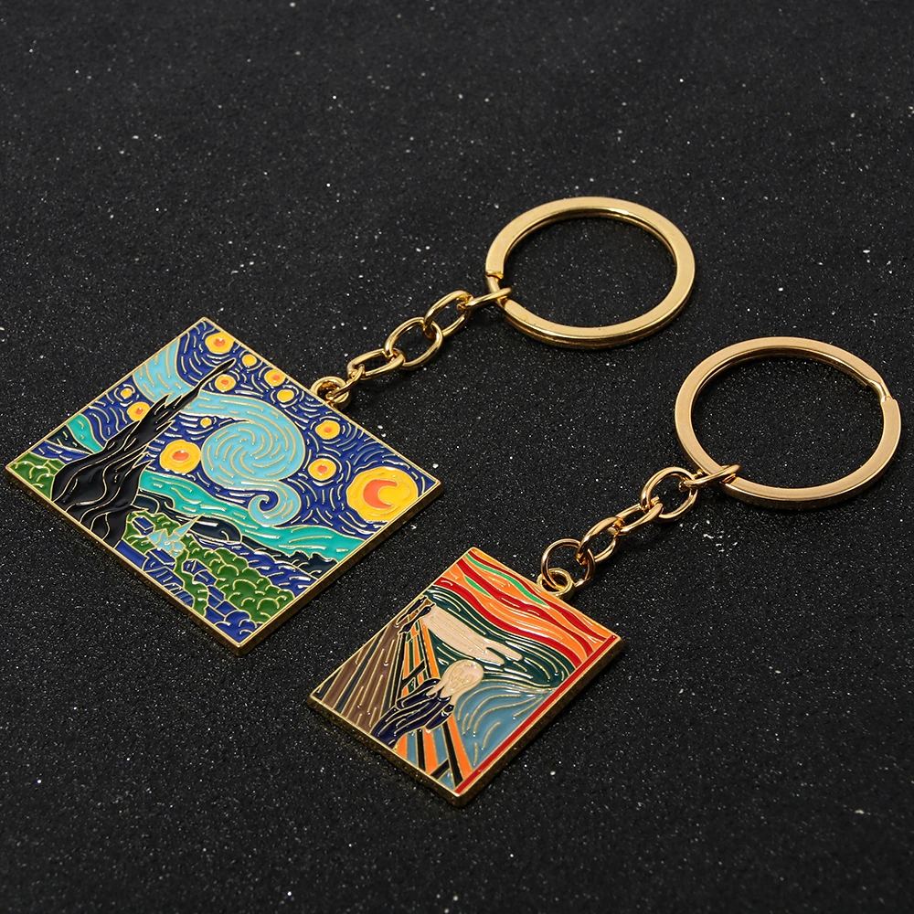 The Starry Night Oil Painting Keychain Badge Van Gogh Art Collection Keyring for Women Men Car Backpack Jewelry Accessories Gift