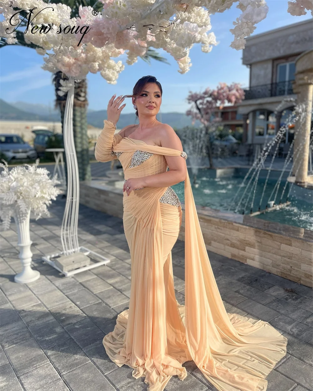 Gelb Chiffon Meerjungfrau Cocktailkleider Schulterfrei Frauen Abendkleid Robes De Soiree Perlen Party Abendkleider Maßgeschneidert