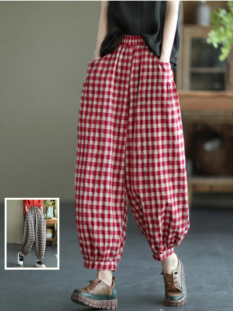

Ретро-брюки в клетку из хлопка и льна, повседневные, свободного кроя, с эффектом похудения, фасона «гарлан», укороченные, летние, женские, больших размеров