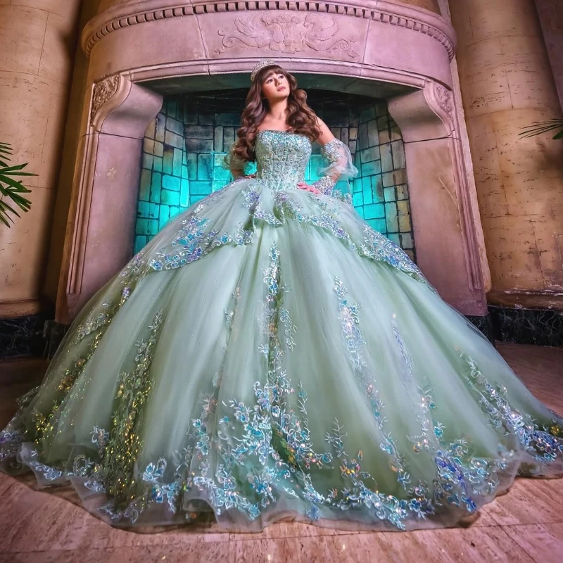 

Mint Green Shiny Quinceanera Dresses Princess Sweet 16 Years Girl Birthday Party Beads Lace Appliques Tull Puff Sleeve Vestidos