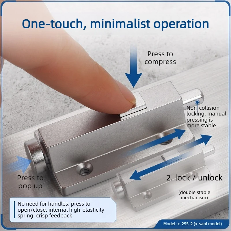 C-255-2 Pressing Type Door Latch Zinc Alloy Automatic Spring Surface Mounted Door Latch Door Handle Industrial Cabinet Hardware