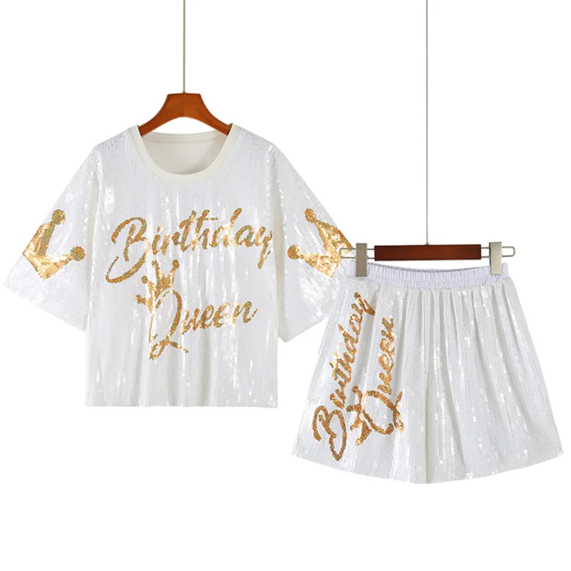 

Runway Summer Short Sleeve Letter Loose Round Neck Tops + High Waist Pants Streetwear Sequins Two-Piece Set For Women's Wear