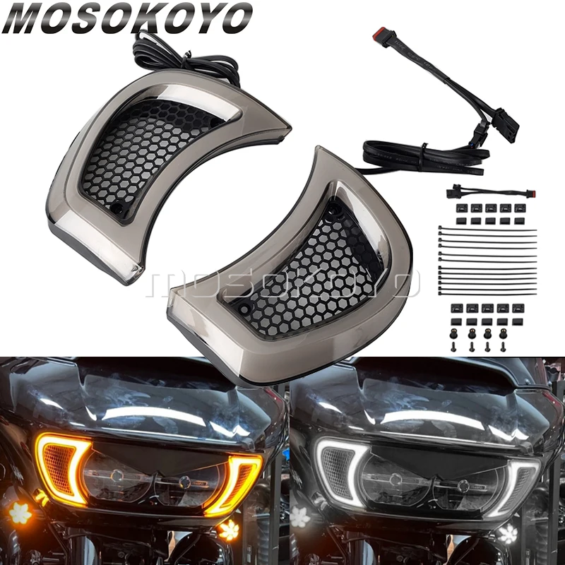 

Motorcycle LED Headlight Vent Accents Light Indicator Running Turn Signal Light For Harley Touring Road Glide Custom CVO 2015-UP