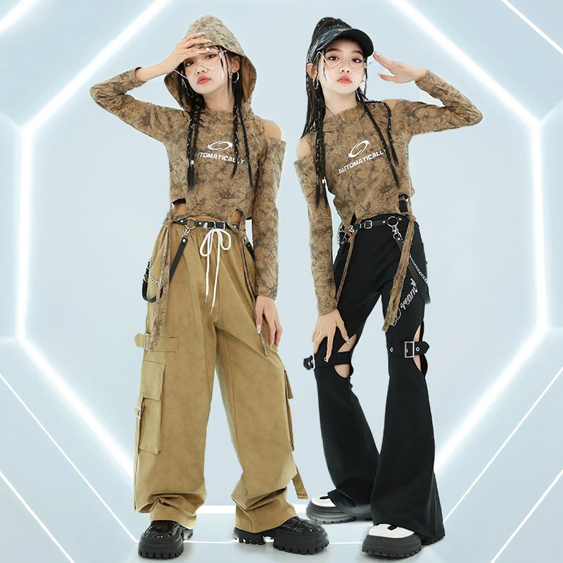 Kids Jazz Dance Costume Girls Hooded Tops Khaki Cargo Pants Hip Hop Performance Suit Kpop Concert Catwalk Stage Outfits BL14180