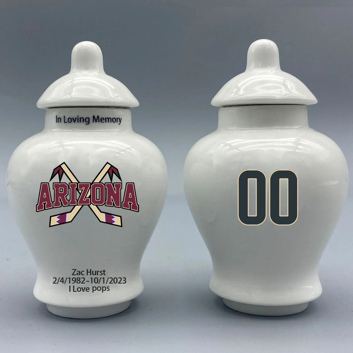 

Mini Urn for Arizona Coyotes-themed Hockey Urn.Please send me the customization information - name/date and number on the urn