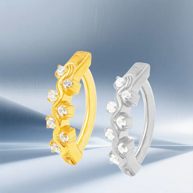 Curved Wave Row CZ Clicker Belly Ring ASTM F136 Titanium Gold Silver Two Tone Snap Closure Boho Nostril & Navel Piercing Jewelry