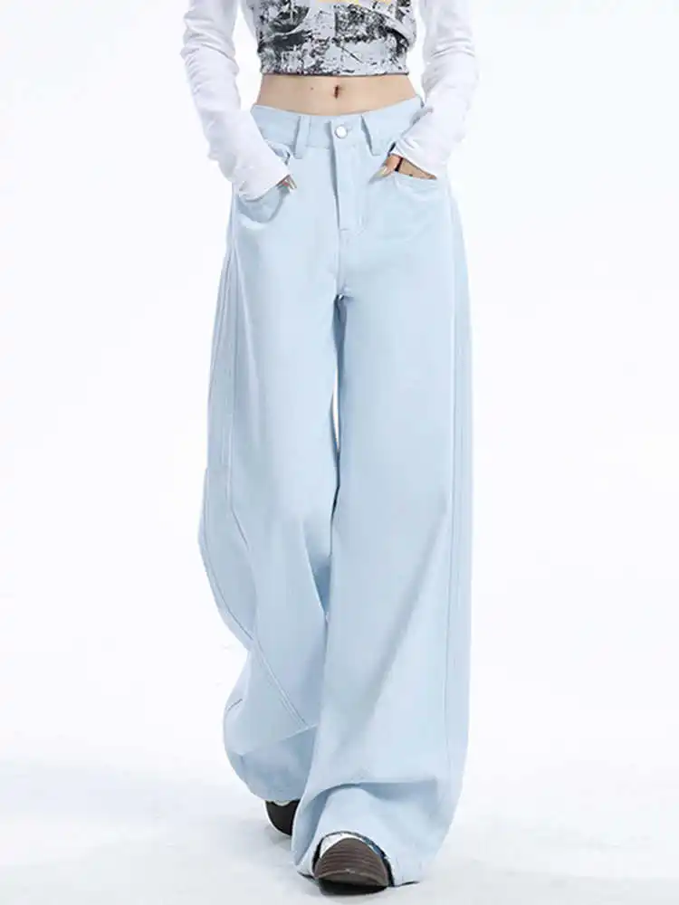 

Синие джинсы для женщин, американские широкие брюки с высокой талией, винтажные прямые мешковатые джинсовые брюки Y2K, весенние брюки оверсайз 2024, весенние брюки