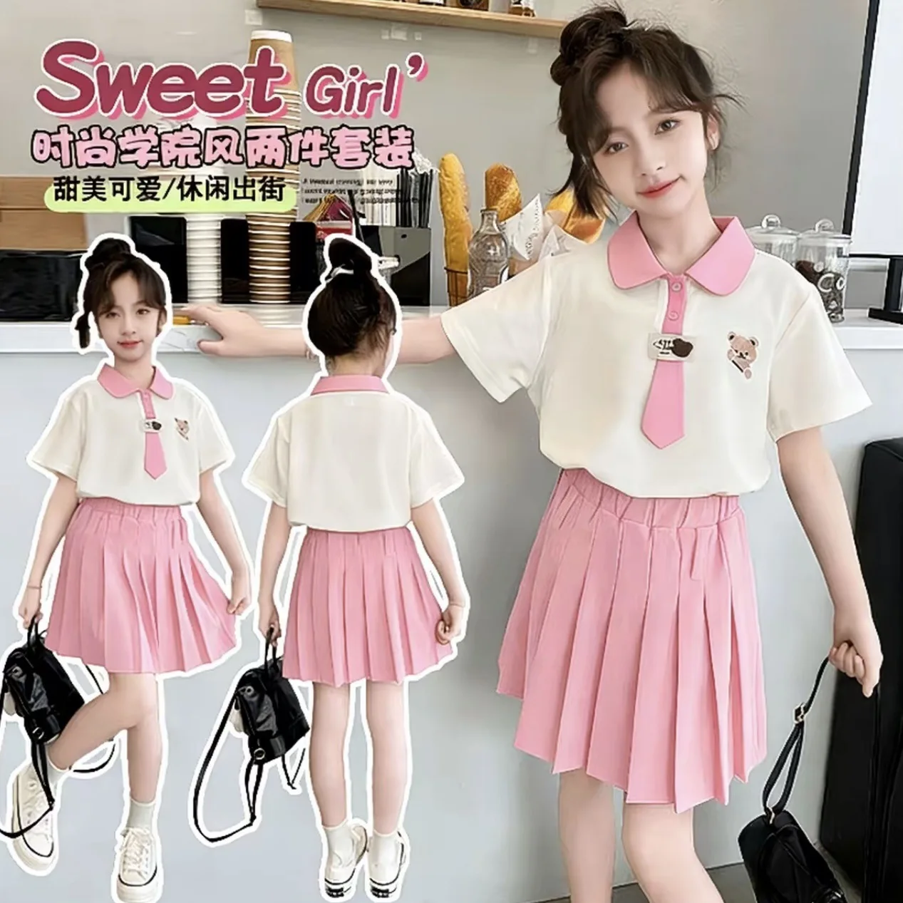 2026 NEW summer Teenager Girls Cloth short sleeve bear JK tie T-Shirt + Pleated skirt dress children set 4 6 7 8 9 10 11 12 year