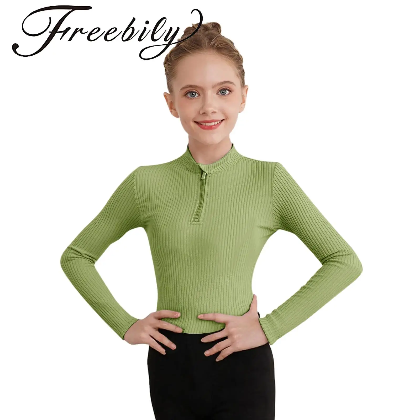 

Kids Girls Stand Collar Dance Tops Ribbed Long Sleeves Thumbhole Casual Solid Color Zip-Up Pullover Tops Dancewear